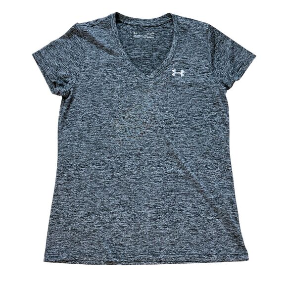 Under Armor Womens Top size Medium Gray T-Shirt Logo Short Sleeve Stretch V-Neck - Picture 1 of 9
